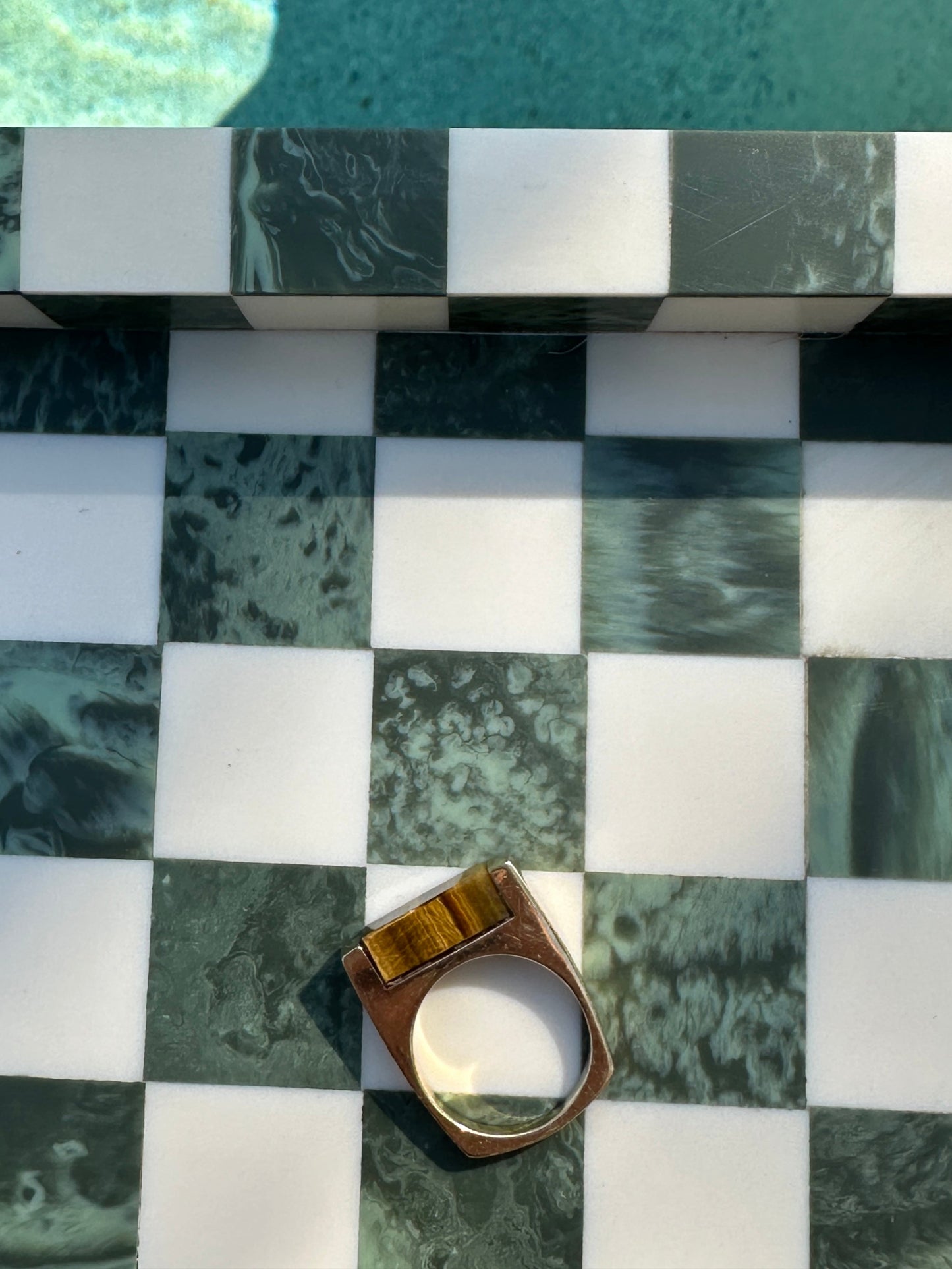 1970's / 80's Vintage Geometric Square Tigers Eye Ring 14k Yellow Gold Sz 6.25 Stacking Band