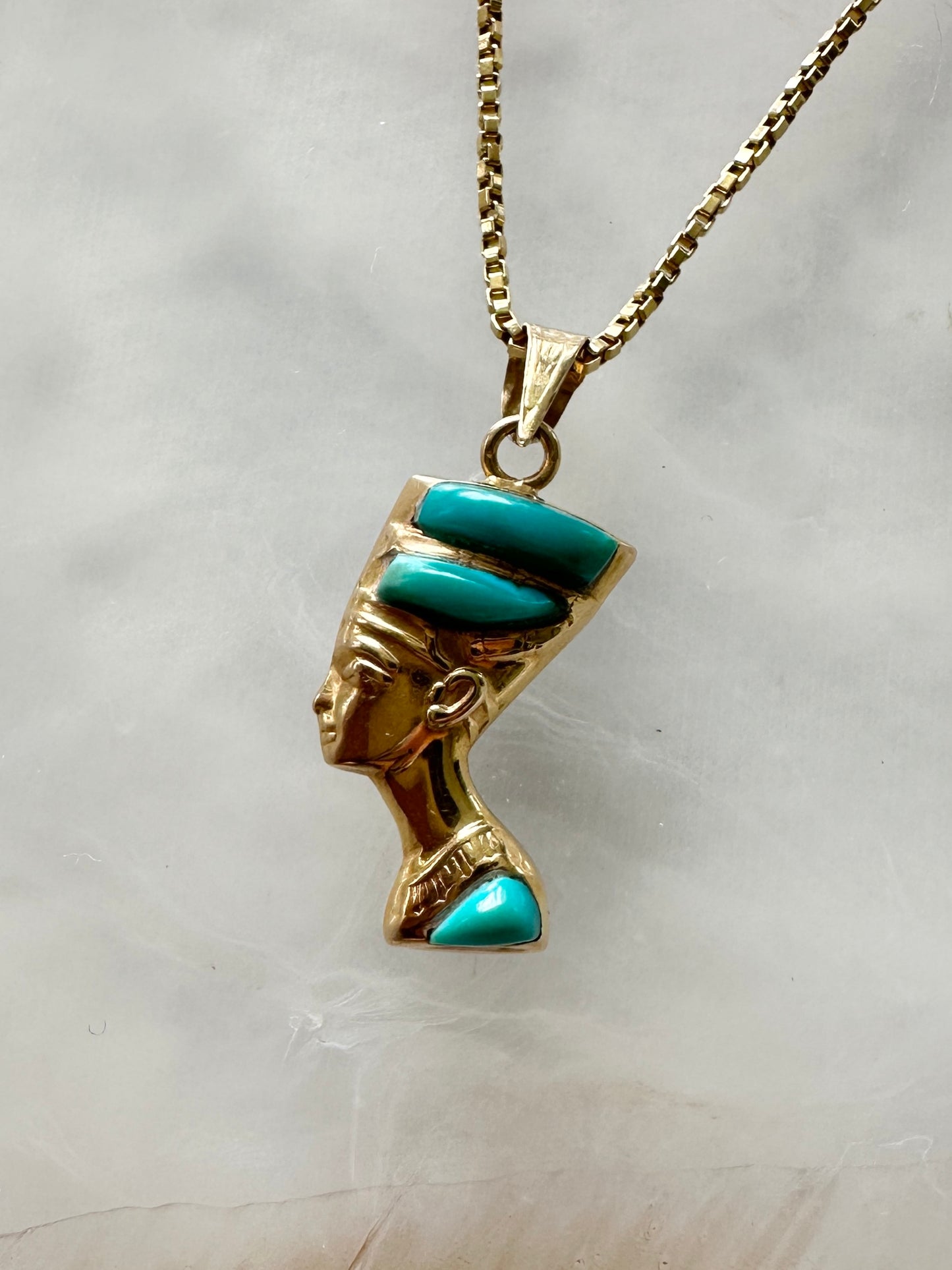Egyptian Nefertiti 14k Yellow Gold Dual Sided Pendant Lapis Lazuli Turquoise Vintage Estate Revival