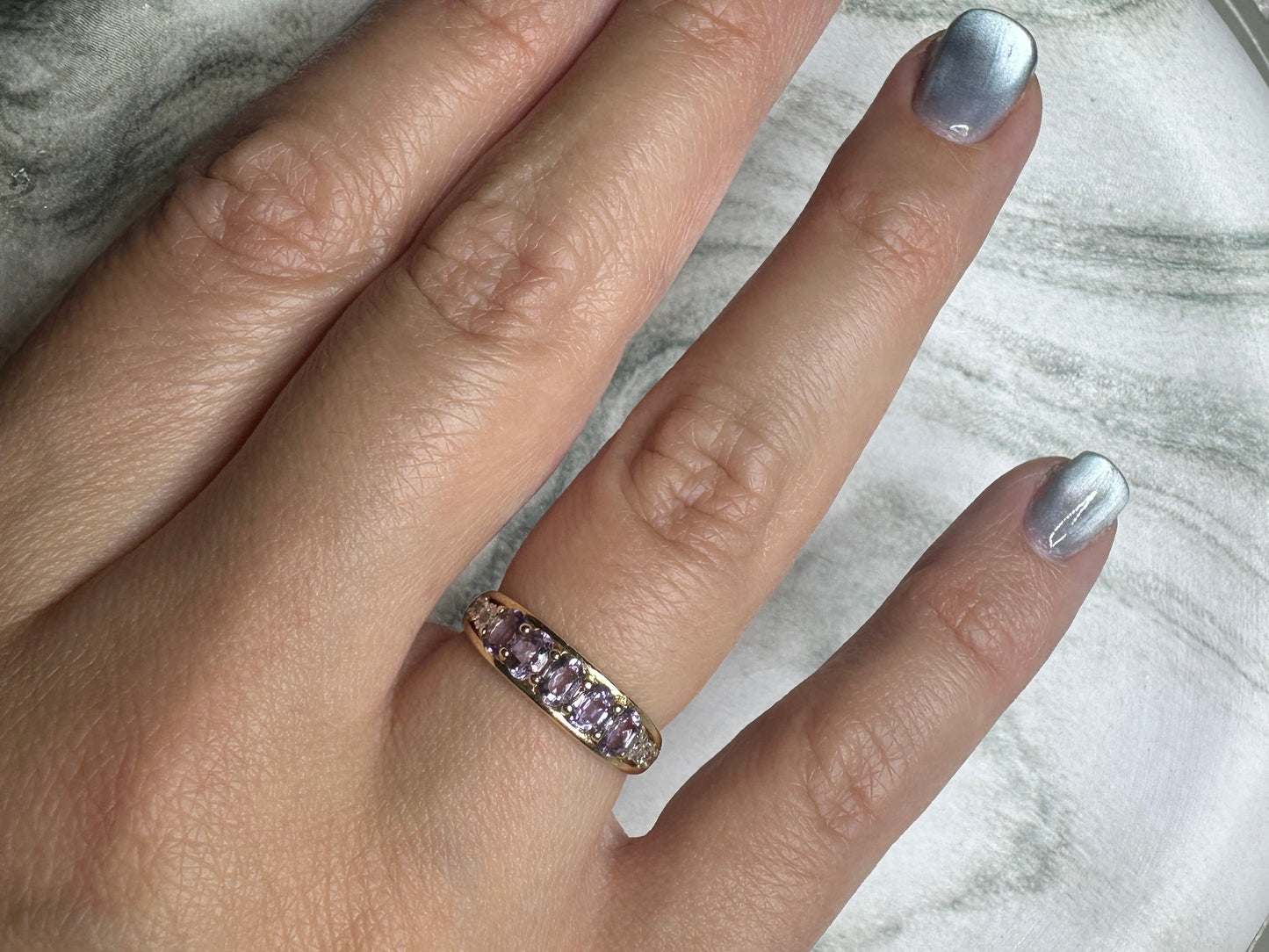 Amethyst Diamond 9k Yellow Gold Band Estate Contemporary Ring Size 7 1/2