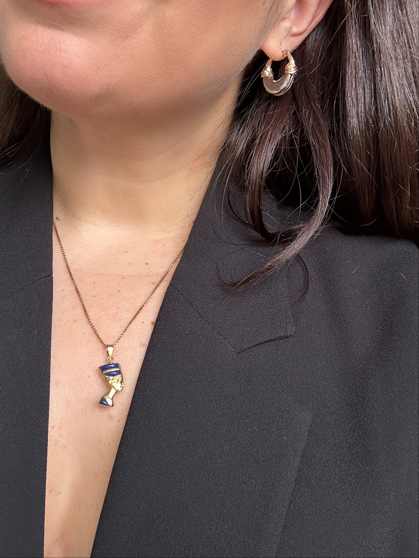 Egyptian Nefertiti 14k Yellow Gold Dual Sided Pendant Lapis Lazuli Turquoise Vintage Estate Revival