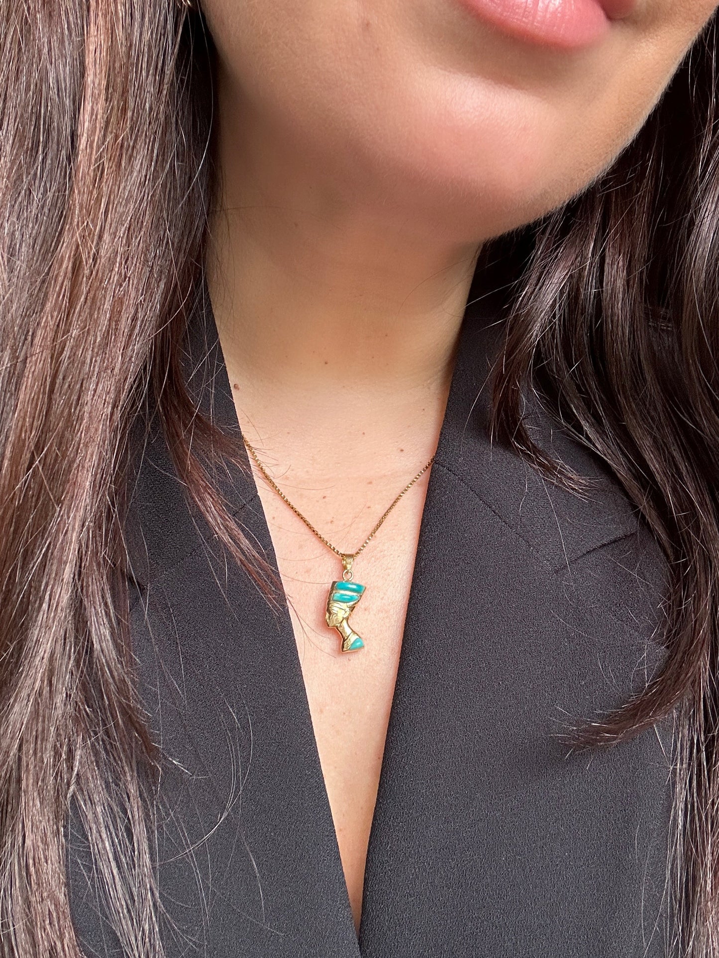 Egyptian Nefertiti 14k Yellow Gold Dual Sided Pendant Lapis Lazuli Turquoise Vintage Estate Revival