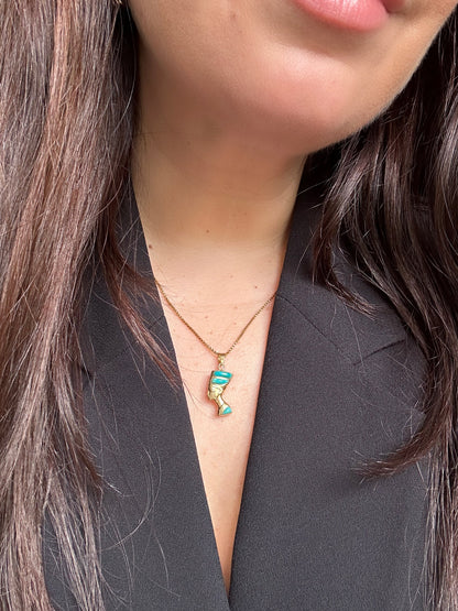 Egyptian Nefertiti 14k Yellow Gold Dual Sided Pendant Lapis Lazuli Turquoise Vintage Estate Revival