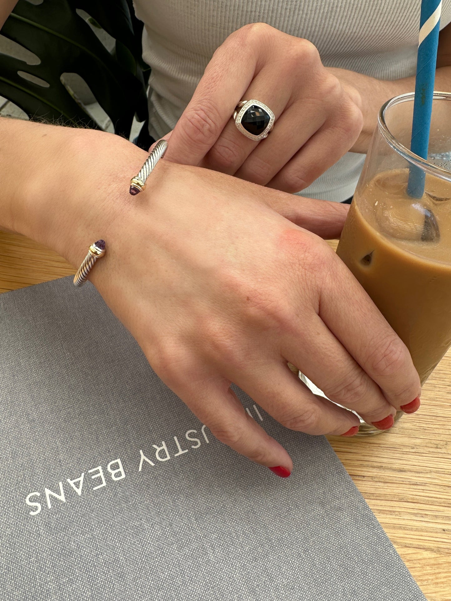 David Yurman Cable Flex Bracelet Sterling Silver 14k Gold Amethyst Bangle Size M 4mm