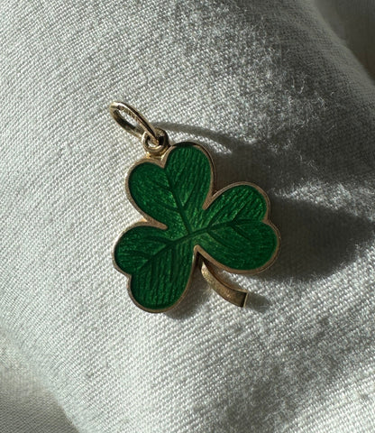 Vintage German Enamel Green Clover Pendant 14k Yellow Gold Lucky Charm Estate Jewelry