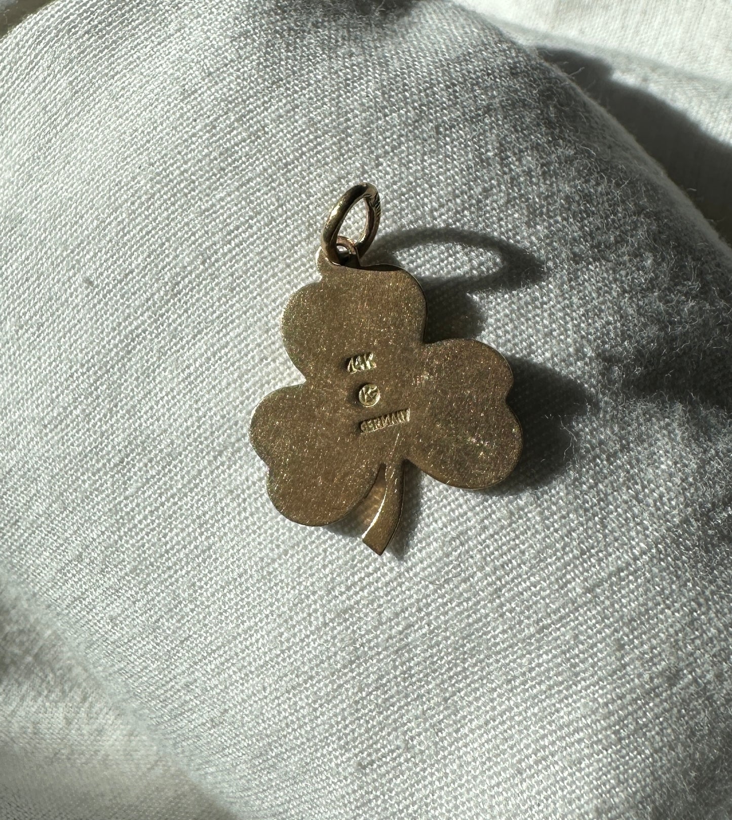 Vintage German Enamel Green Clover Pendant 14k Yellow Gold Lucky Charm Estate Jewelry