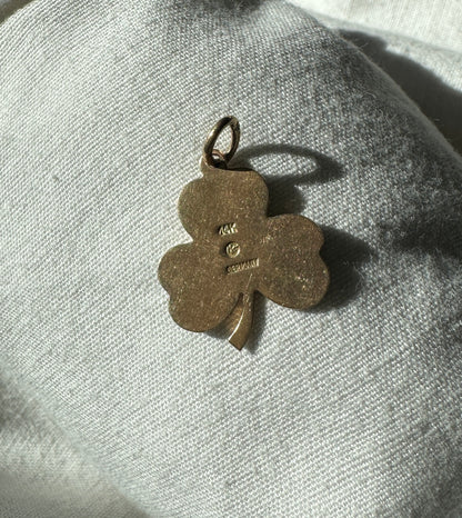 Vintage German Enamel Green Clover Pendant 14k Yellow Gold Lucky Charm Estate Jewelry