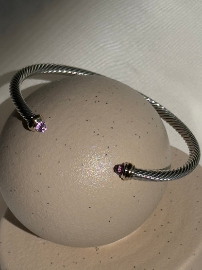 David Yurman Cable Flex Bracelet Sterling Silver 14k Gold Amethyst Bangle Size M 4mm