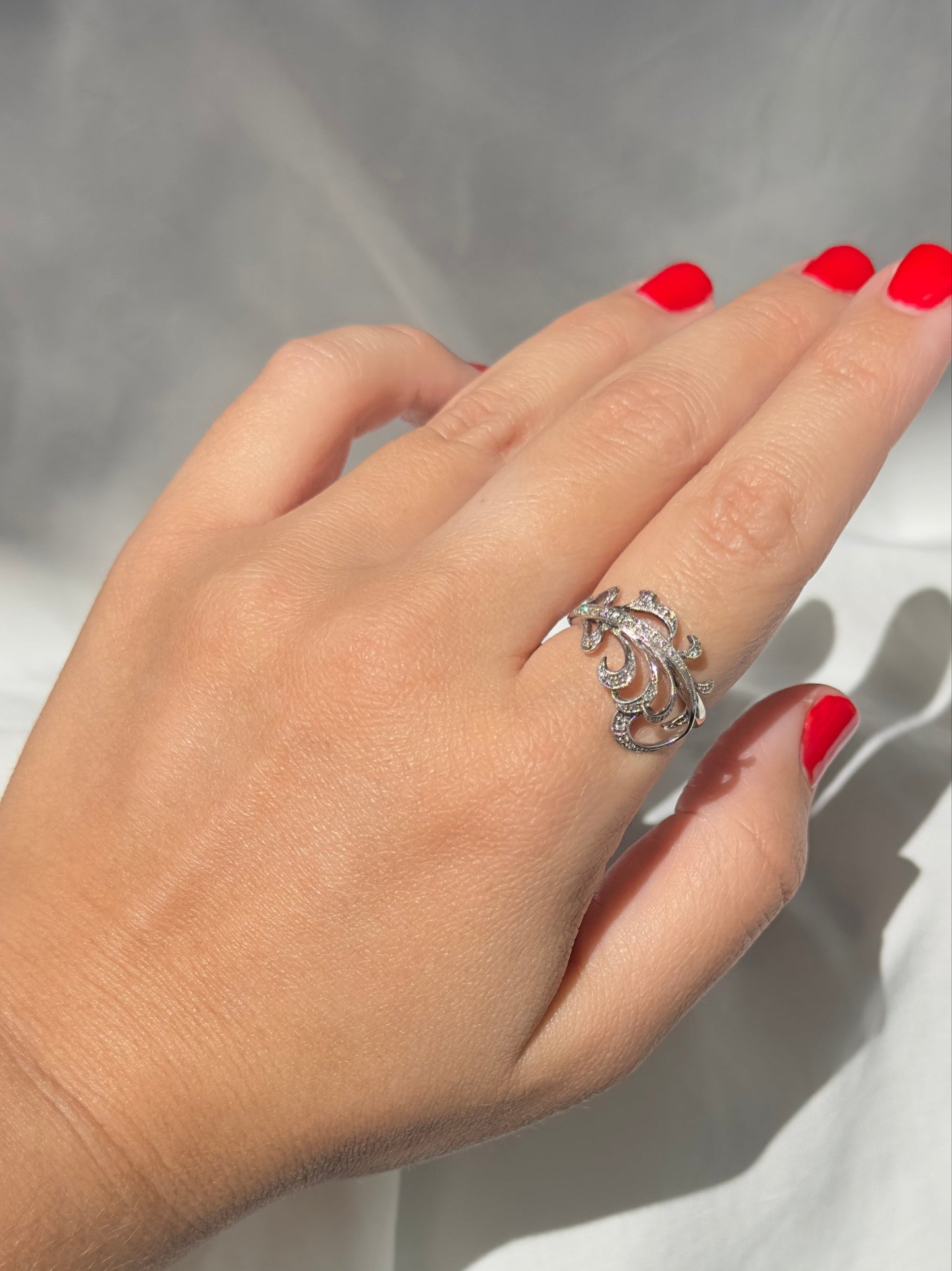 Diamond Feather Ring 14k White Gold Vintage Estate Jewelry Size 9