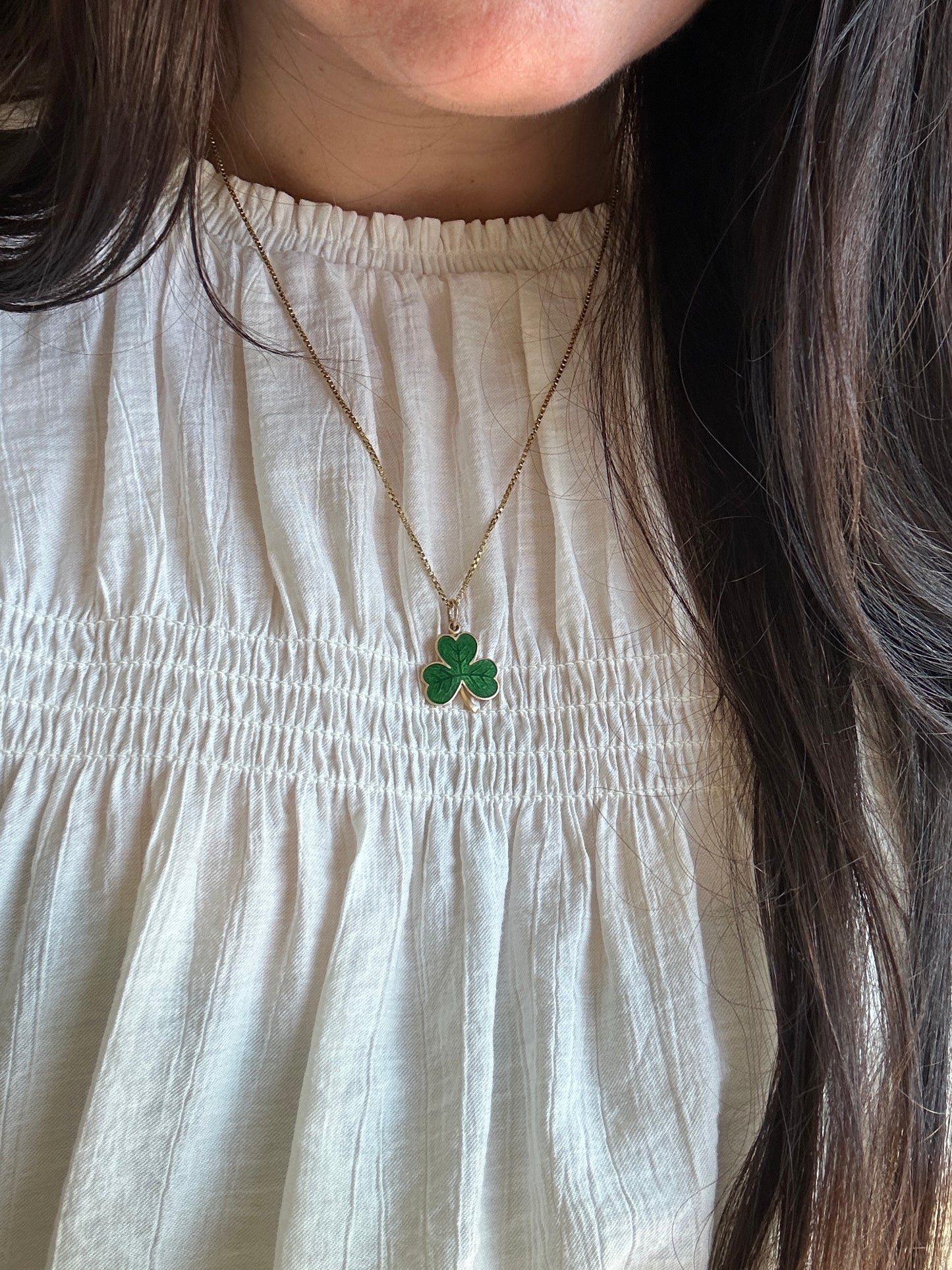 Vintage German Enamel Green Clover Pendant 14k Yellow Gold Lucky Charm Estate Jewelry