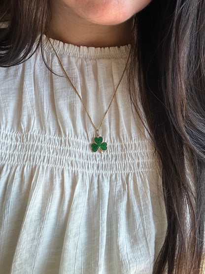 Vintage German Enamel Green Clover Pendant 14k Yellow Gold Lucky Charm Estate Jewelry