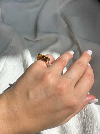 1970's / 80's Vintage Geometric Square Tigers Eye Ring 14k Yellow Gold Sz 6.25 Stacking Band