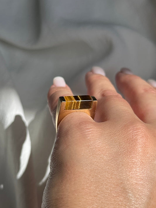 1970's / 80's Vintage Geometric Square Tigers Eye Ring 14k Yellow Gold Sz 6.25 Stacking Band