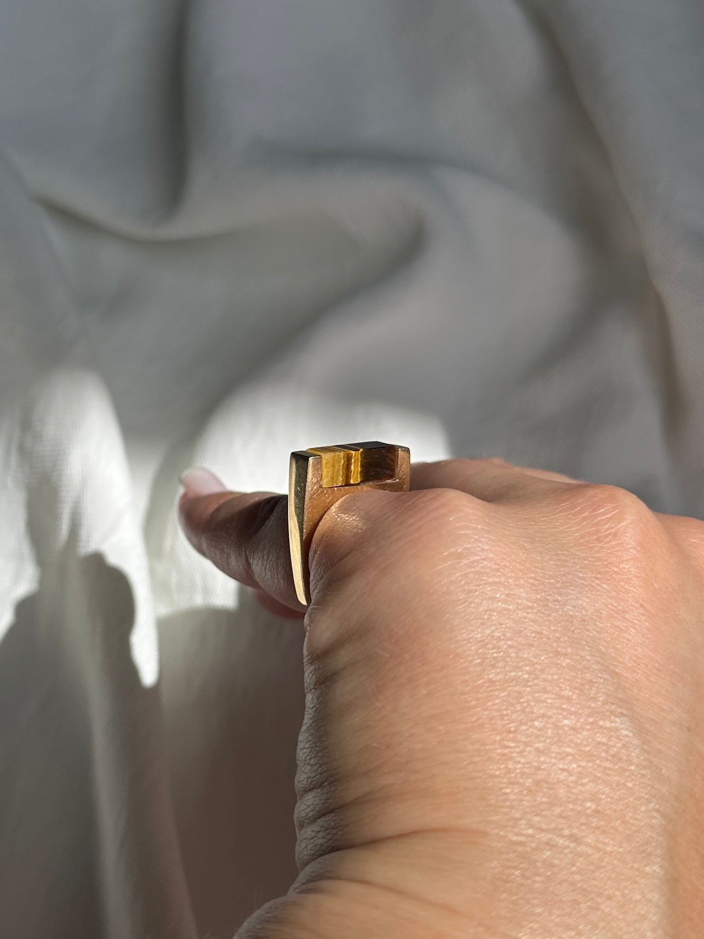 1970's / 80's Vintage Geometric Square Tigers Eye Ring 14k Yellow Gold Sz 6.25 Stacking Band