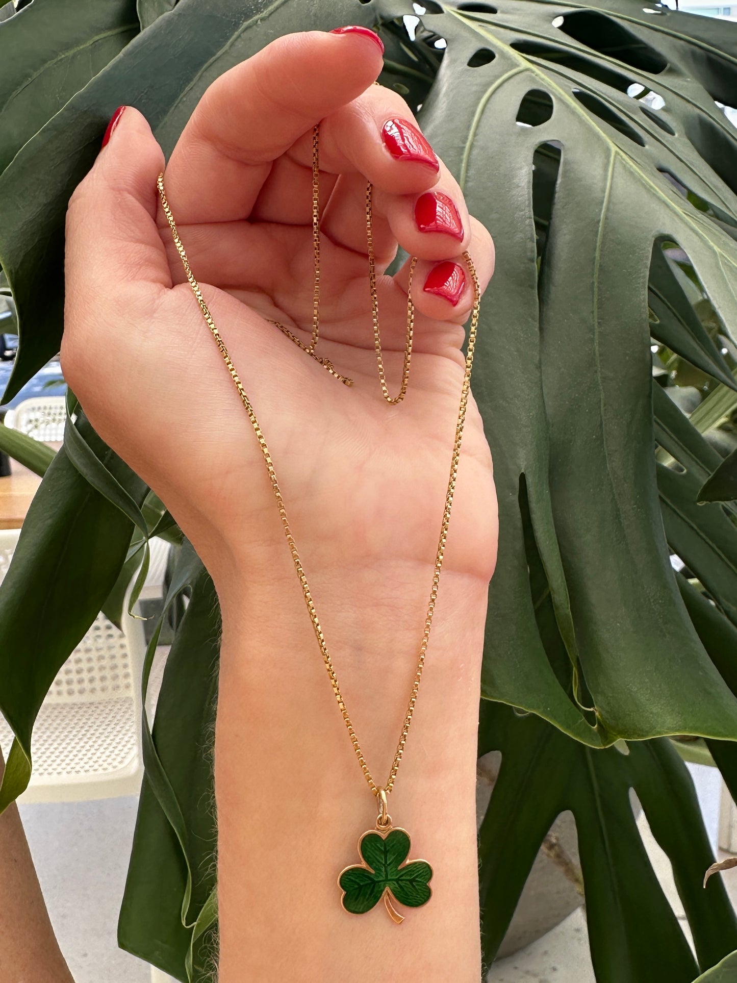 Vintage German Enamel Green Clover Pendant 14k Yellow Gold Lucky Charm Estate Jewelry