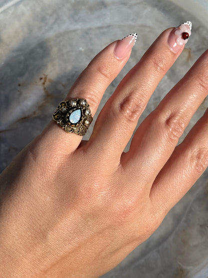 Victorian Opal Seed Pearl 14k Yellow Gold Ring Antique Estate Bohemian Band