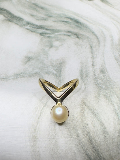 Vintage 14k Yellow Gold Pearl Geometric Sculptural Ring 80's/90's