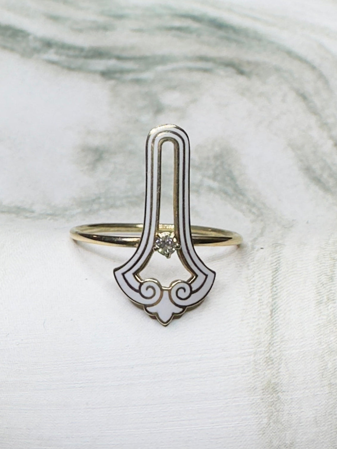 Antique Art Deco Elongated White Enamel Diamond Ring 14k Yellow Gold Sz 7.75