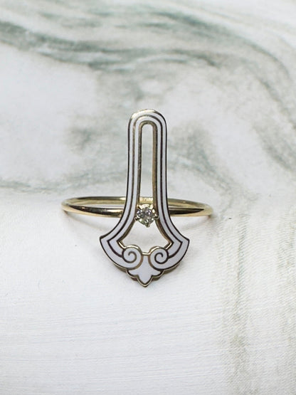 Antique Art Deco Elongated White Enamel Diamond Ring 14k Yellow Gold Sz 7.75