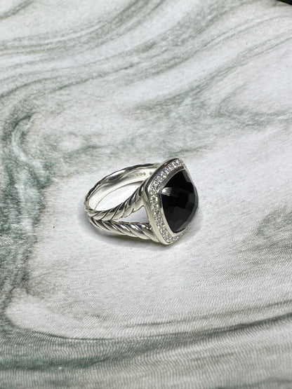 David Yurman Albion Ring Pave Diamond Onyx Sterling Silver Size 7