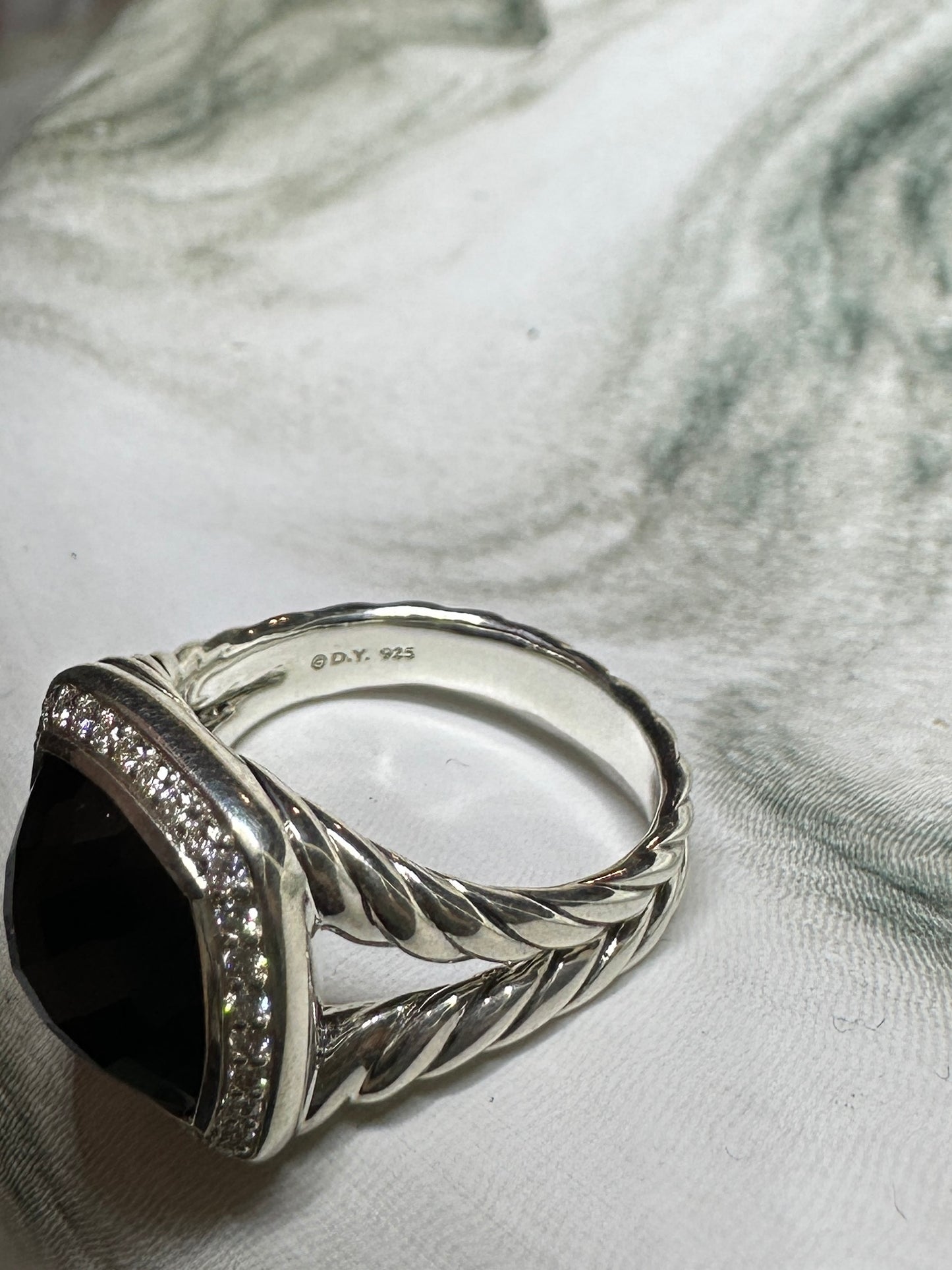David Yurman Albion Ring Pave Diamond Onyx Sterling Silver Size 7