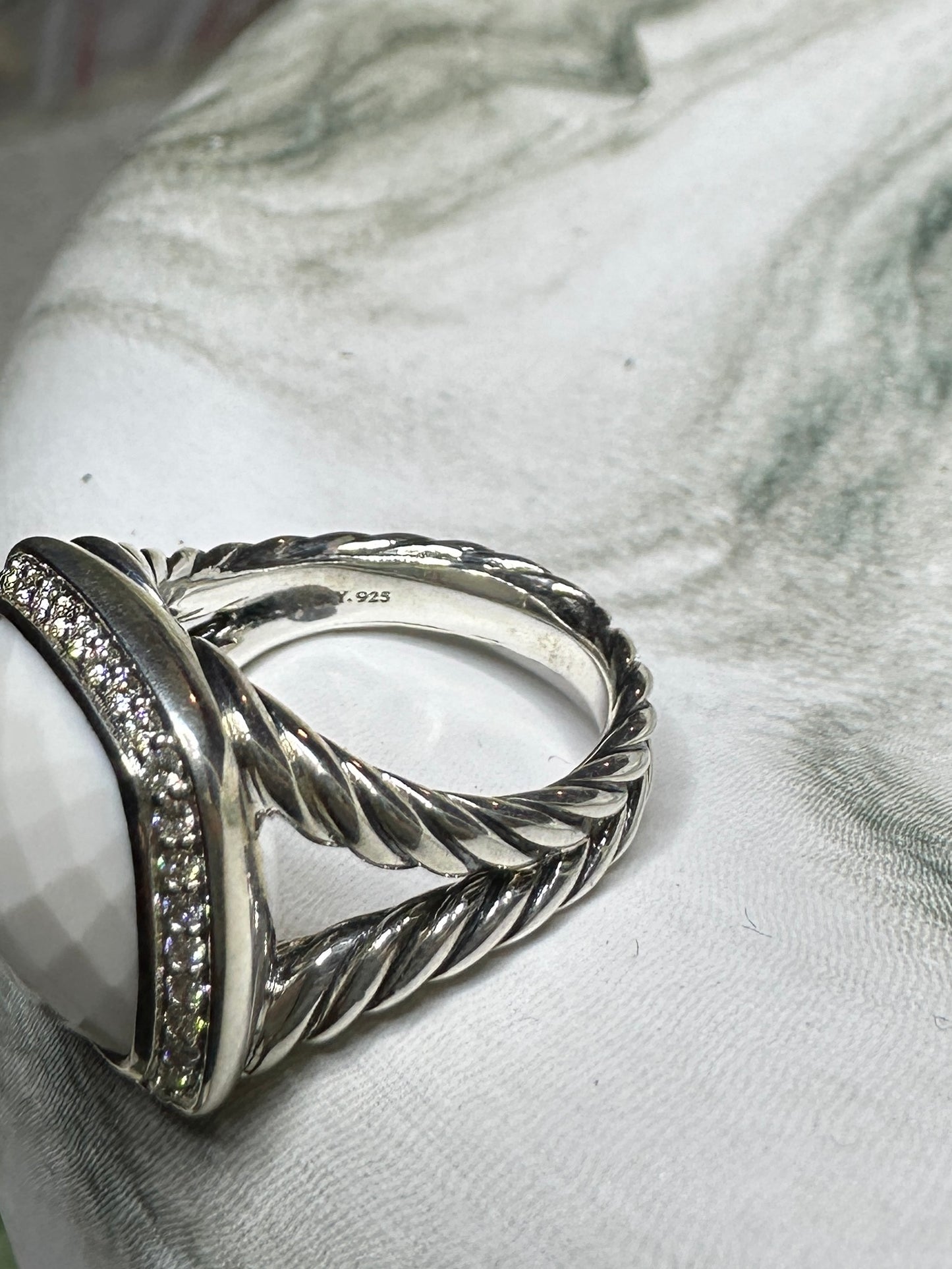 David Yurman Albion Diamond White Agate Ring 20mm Sterling Silver 925 Pave