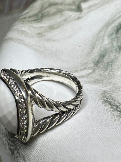David Yurman Albion Diamond White Agate Ring 20mm Sterling Silver 925 Pave