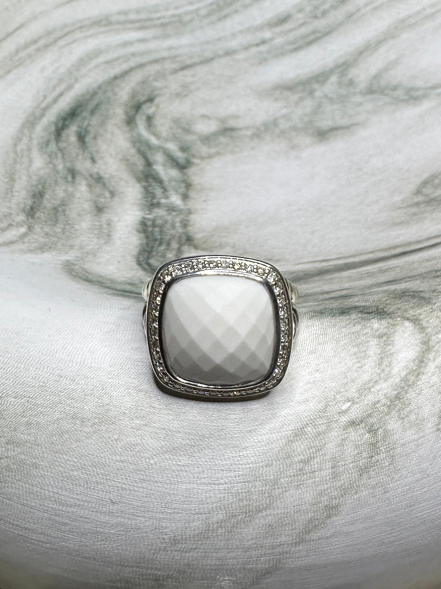 David Yurman Albion Diamond White Agate Ring 20mm Sterling Silver 925 Pave
