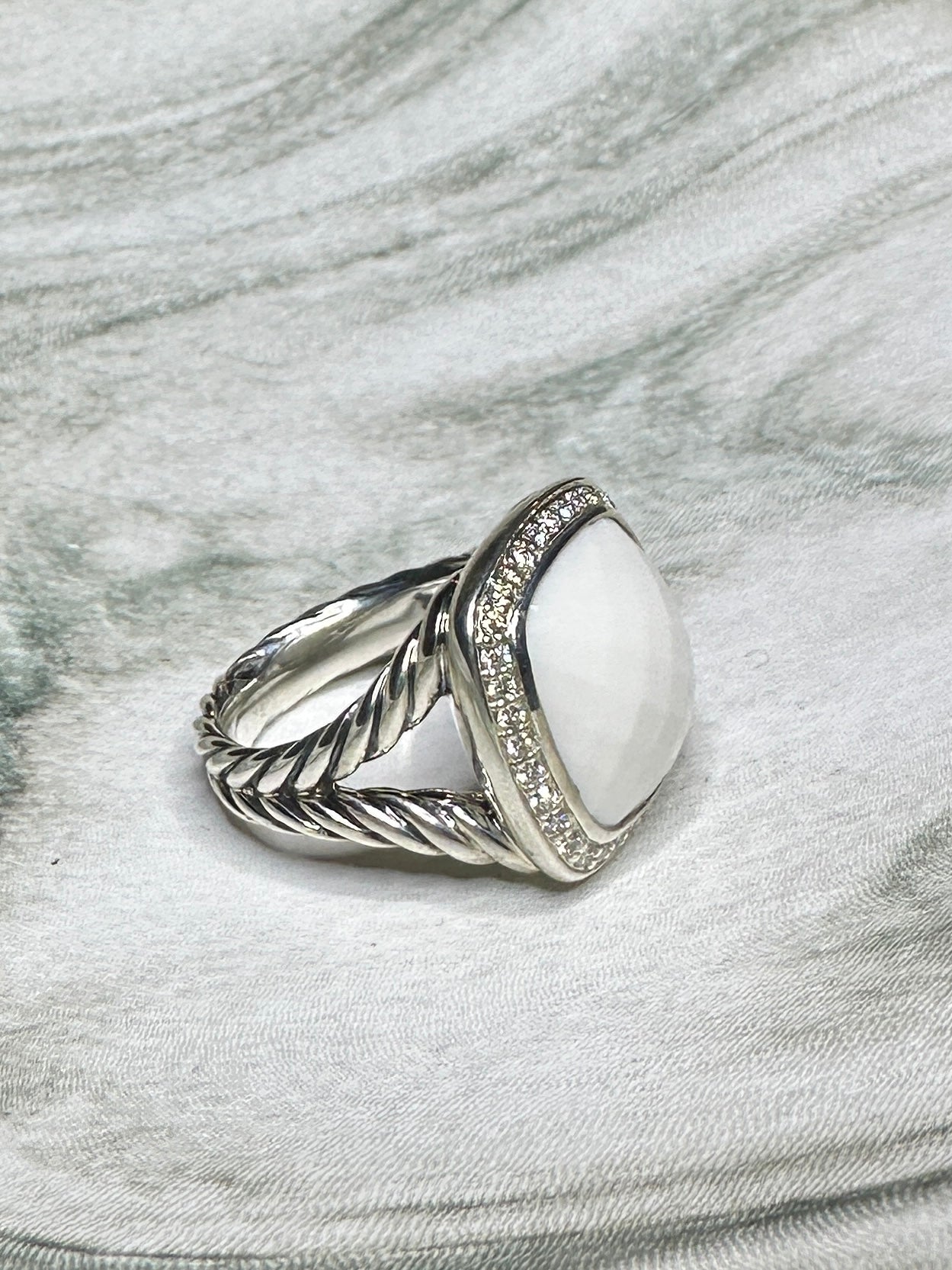 David Yurman Albion Diamond White Agate Ring 20mm Sterling Silver 925 Pave