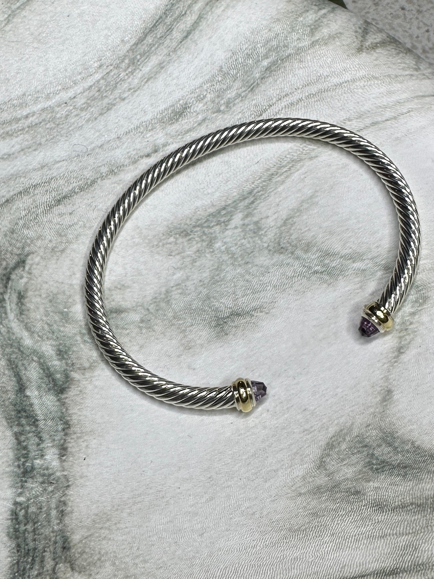 David Yurman Cable Flex Bracelet Sterling Silver 14k Gold Amethyst Bangle Size M 4mm