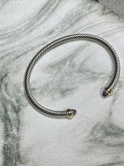 David Yurman Cable Flex Bracelet Sterling Silver 14k Gold Amethyst Bangle Size M 4mm