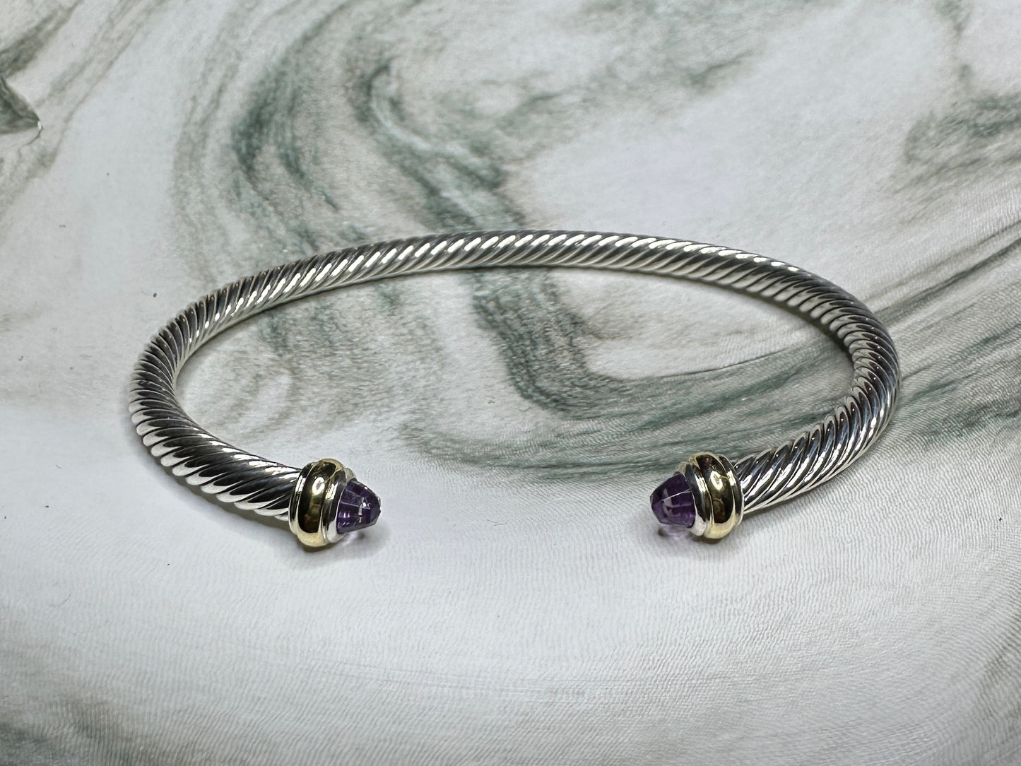 David Yurman Cable Flex Bracelet Sterling Silver 14k Gold Amethyst Bangle Size M 4mm