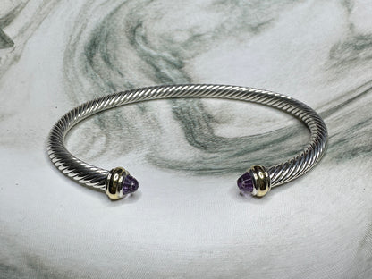 David Yurman Cable Flex Bracelet Sterling Silver 14k Gold Amethyst Bangle Size M 4mm