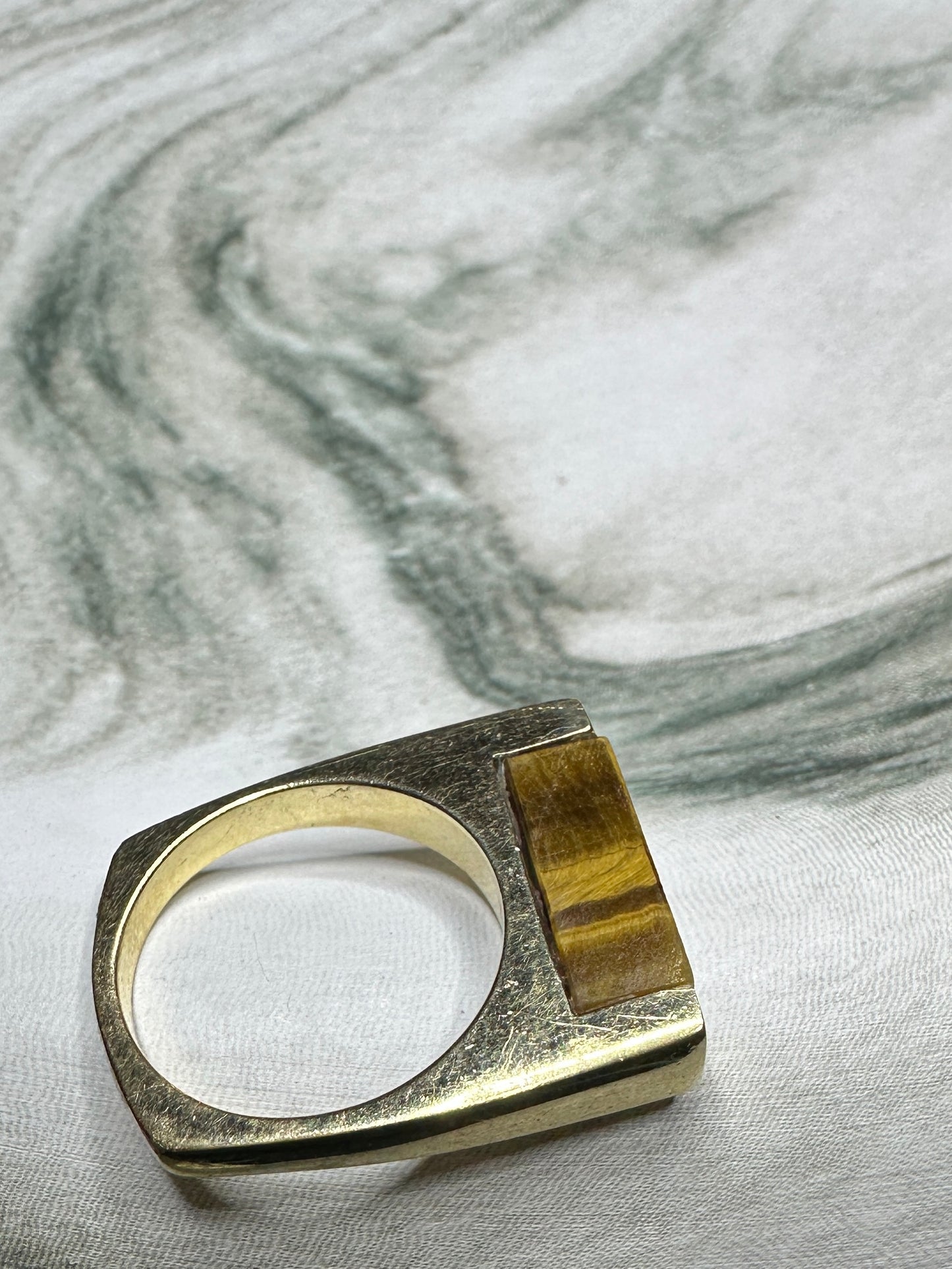 1970's / 80's Vintage Geometric Square Tigers Eye Ring 14k Yellow Gold Sz 6.25 Stacking Band