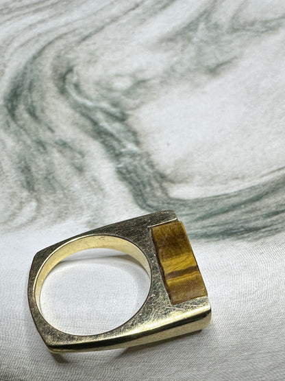 1970's / 80's Vintage Geometric Square Tigers Eye Ring 14k Yellow Gold Sz 6.25 Stacking Band