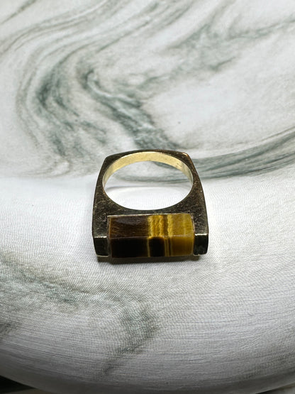 1970's / 80's Vintage Geometric Square Tigers Eye Ring 14k Yellow Gold Sz 6.25 Stacking Band