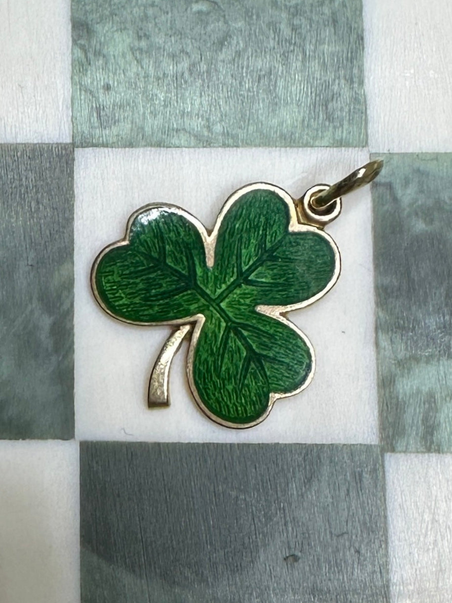 Vintage German Enamel Green Clover Pendant 14k Yellow Gold Lucky Charm Estate Jewelry