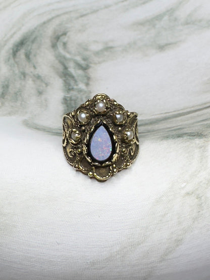 Victorian Opal Seed Pearl 14k Yellow Gold Ring Antique Estate Bohemian Band