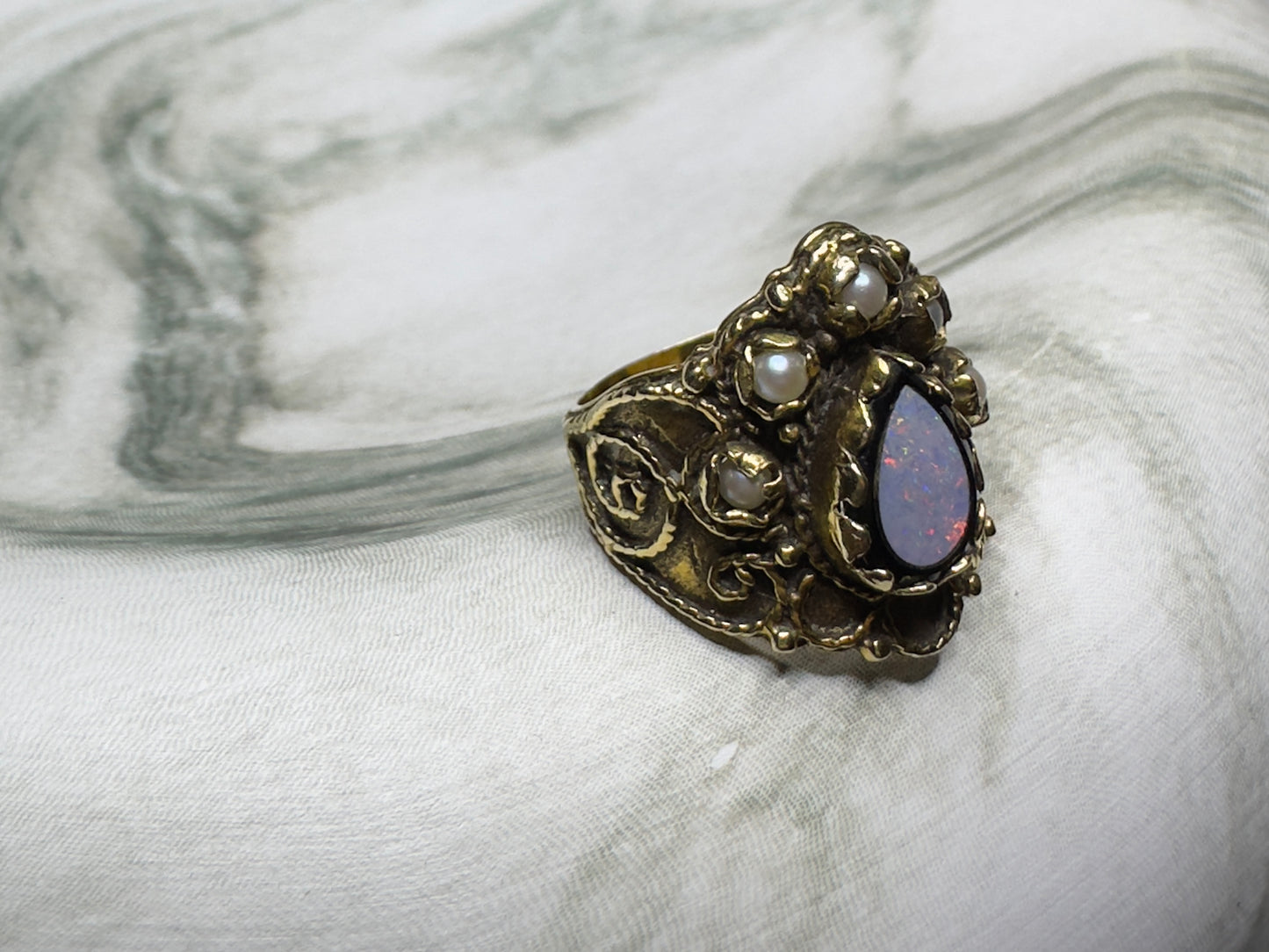 Victorian Opal Seed Pearl 14k Yellow Gold Ring Antique Estate Bohemian Band