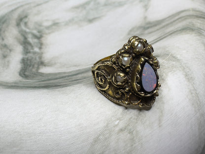 Victorian Opal Seed Pearl 14k Yellow Gold Ring Antique Estate Bohemian Band