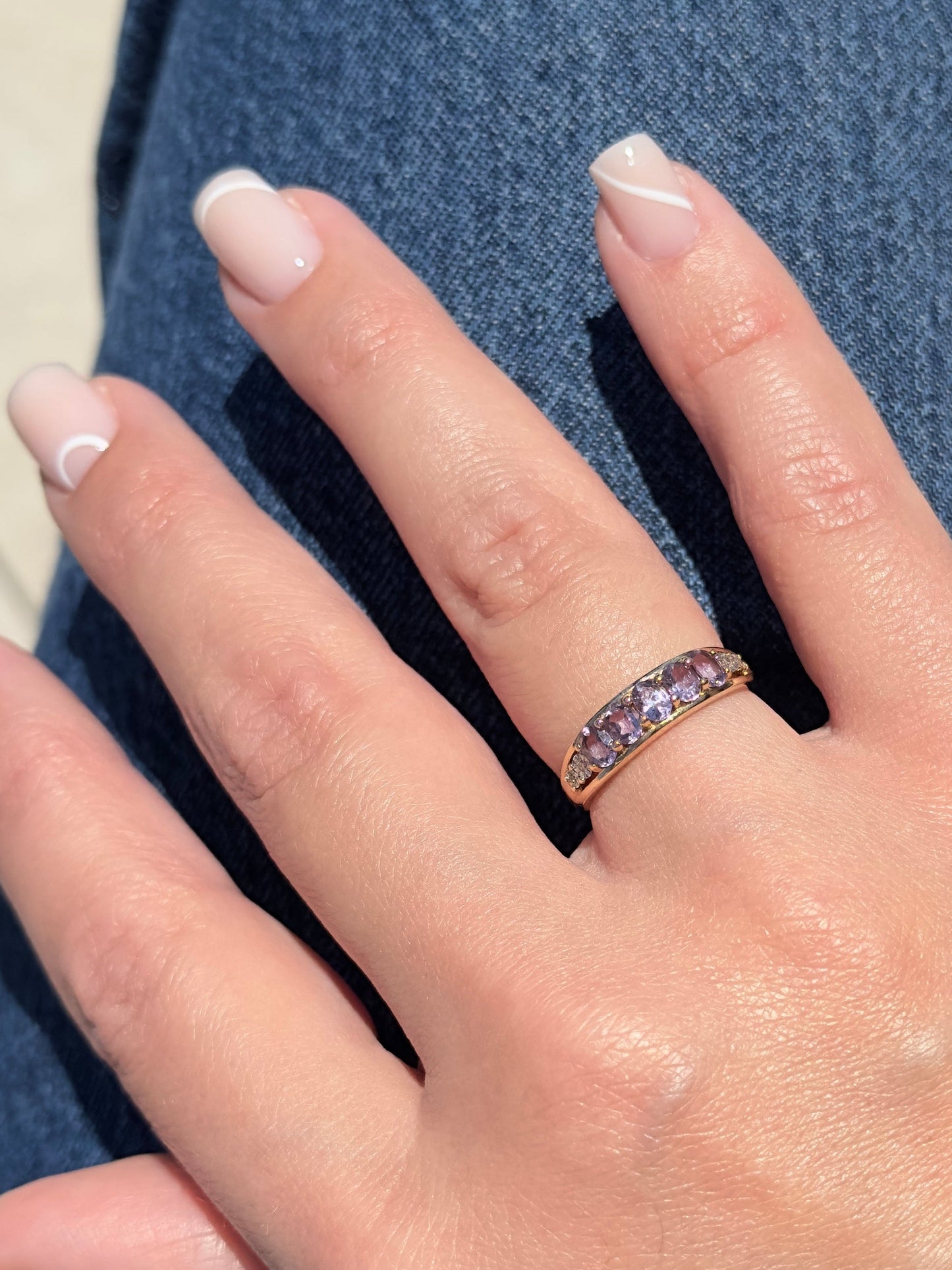 Amethyst Diamond 9k Yellow Gold Band Estate Contemporary Ring Size 7 1/2