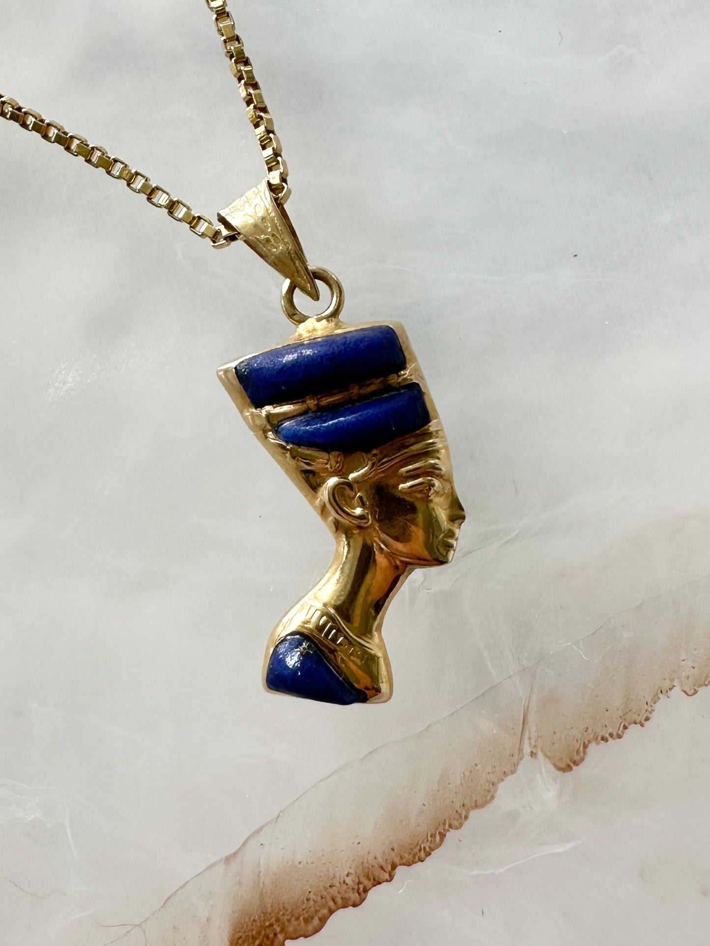 Egyptian Nefertiti 14k Yellow Gold Dual Sided Pendant Lapis Lazuli Turquoise Vintage Estate Revival