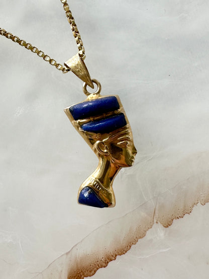 Egyptian Nefertiti 14k Yellow Gold Dual Sided Pendant Lapis Lazuli Turquoise Vintage Estate Revival