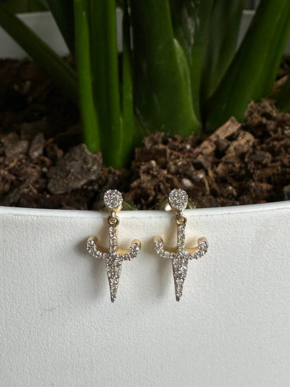 Contemporary 10k Yellow Gold Diamond Dagger Sword Drop Earrings Estate