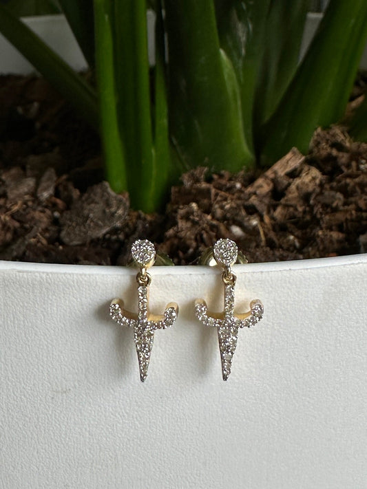 Contemporary 10k Yellow Gold Diamond Dagger Sword Drop Earrings Estate