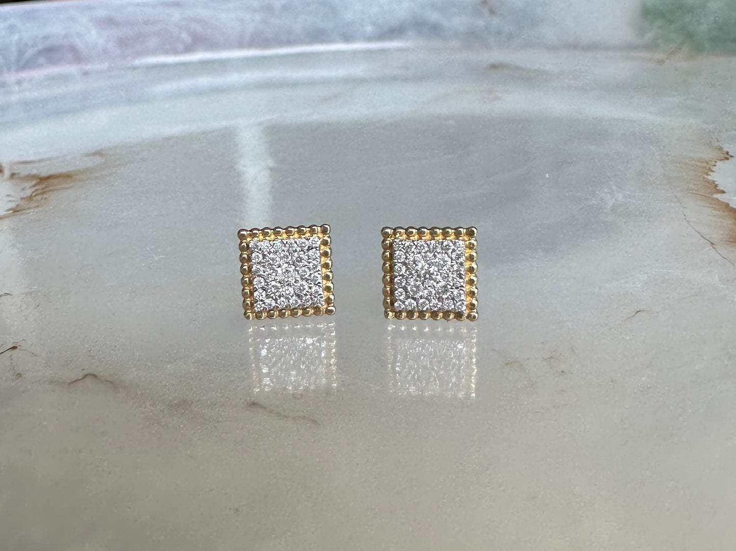 Square 10k Yellow Gold and Diamond Contemporary Estate Stud Earrings