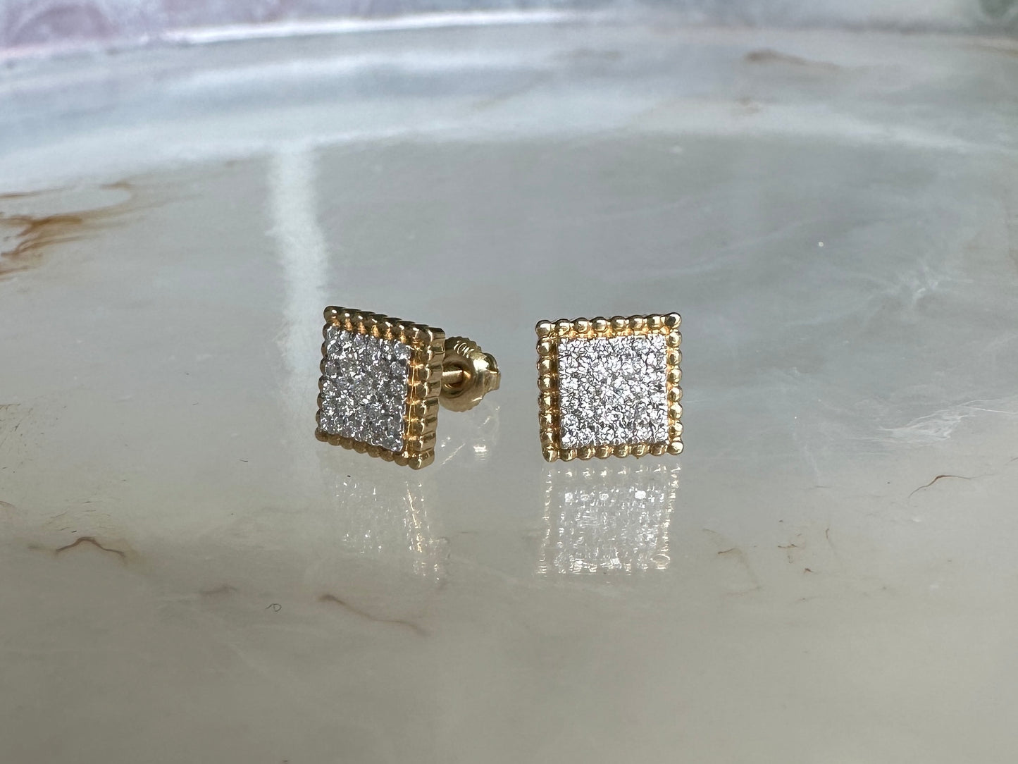 Square 10k Yellow Gold and Diamond Contemporary Estate Stud Earrings