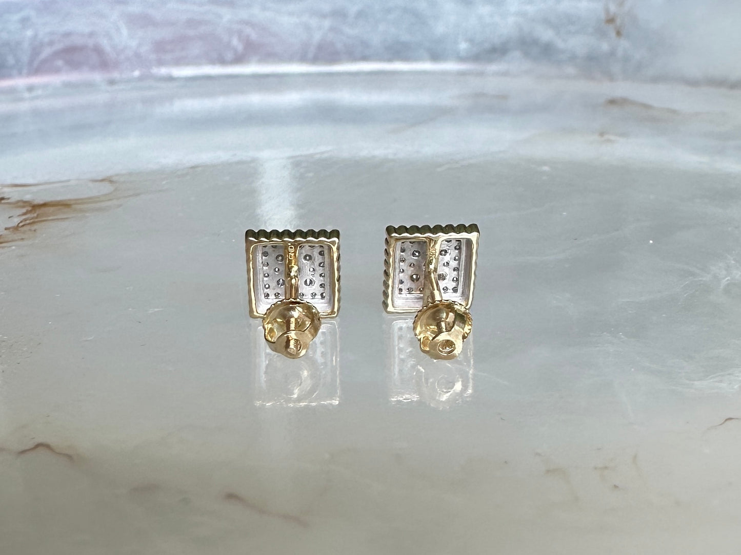 Square 10k Yellow Gold and Diamond Contemporary Estate Stud Earrings