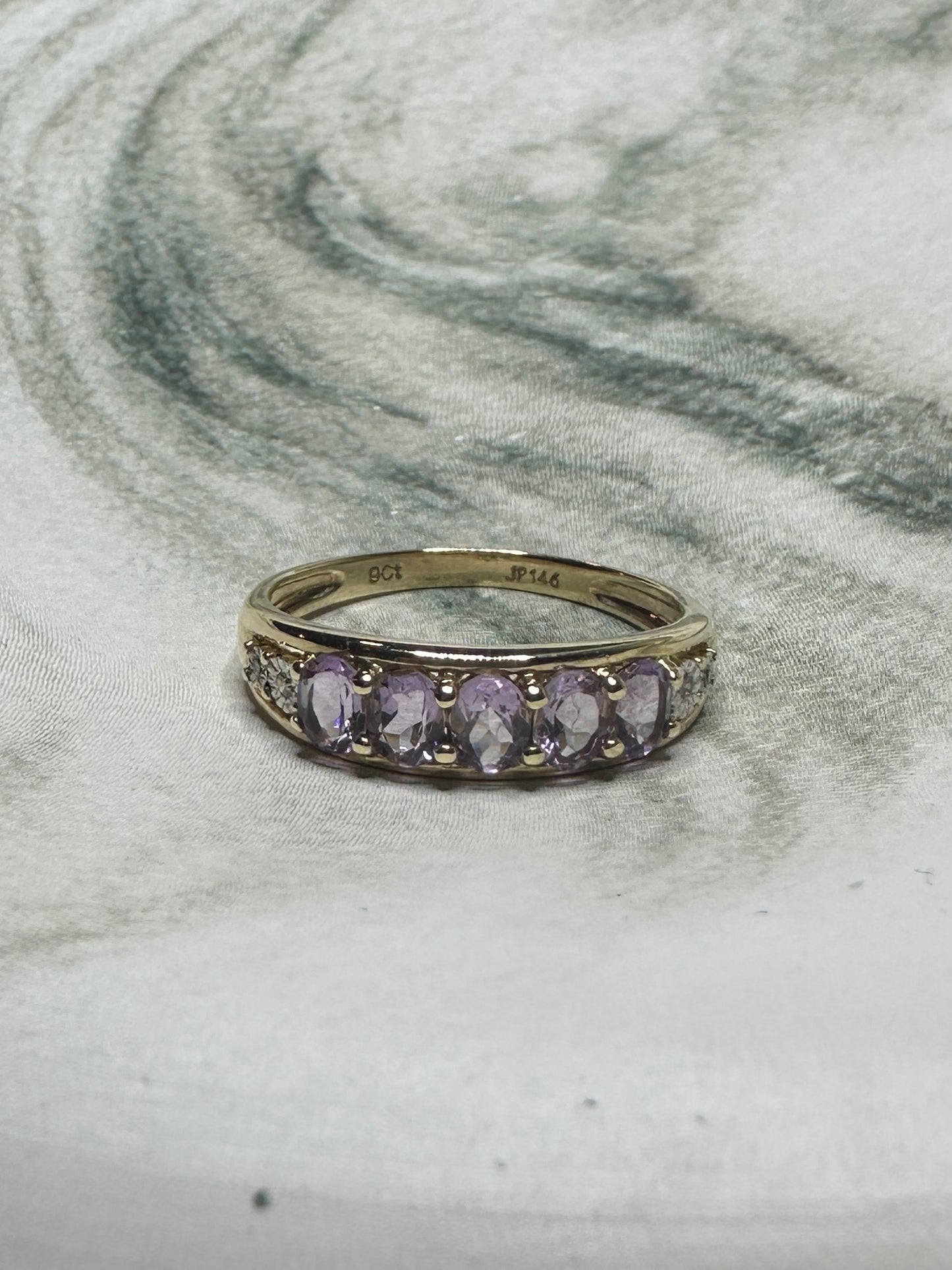 Amethyst Diamond 9k Yellow Gold Band Estate Contemporary Ring Size 7 1/2