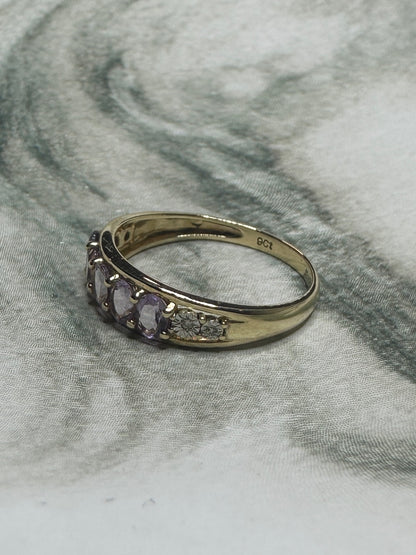 Amethyst Diamond 9k Yellow Gold Band Estate Contemporary Ring Size 7 1/2