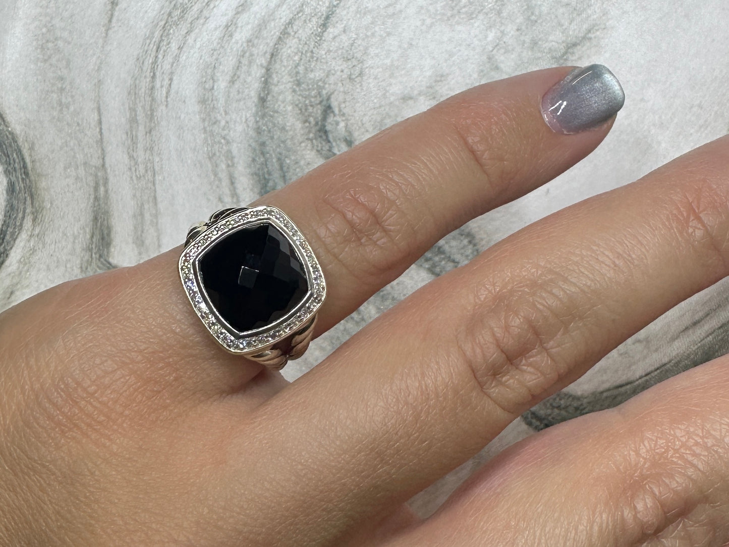 David Yurman Albion Ring Pave Diamond Onyx Sterling Silver Size 7